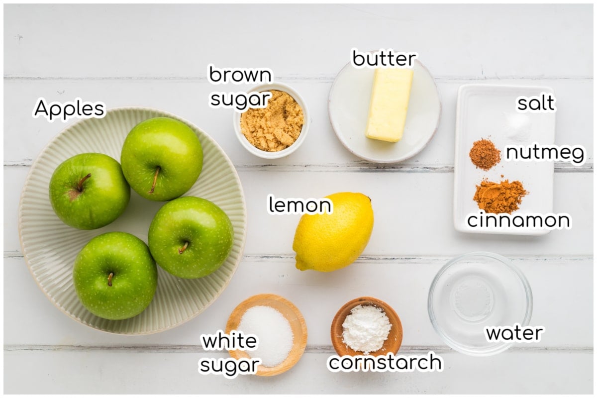 Ingredients for the apple recipe with text overlay.