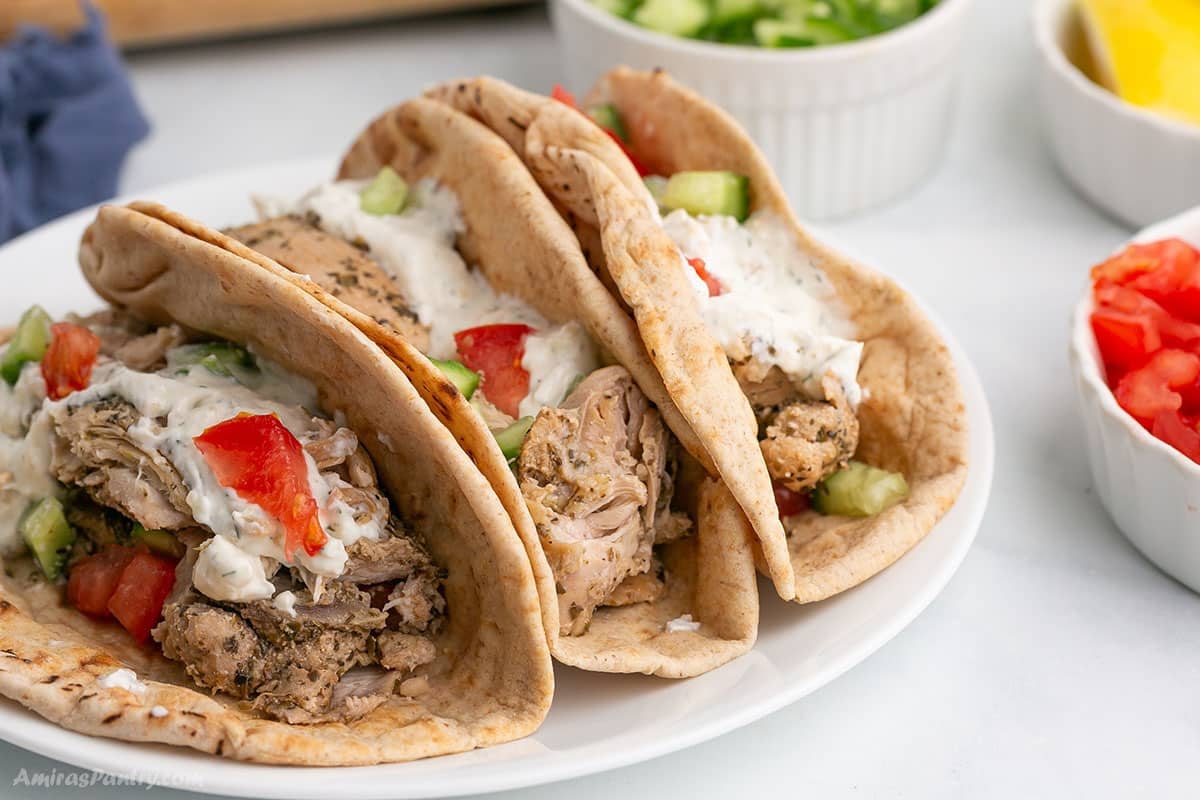 Close up image of chicken gyros wraps.