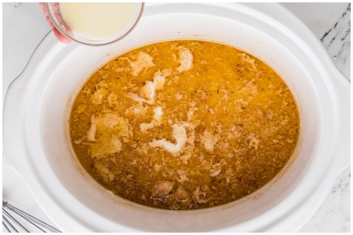 Slurry in a bowl added to the slow cooker.