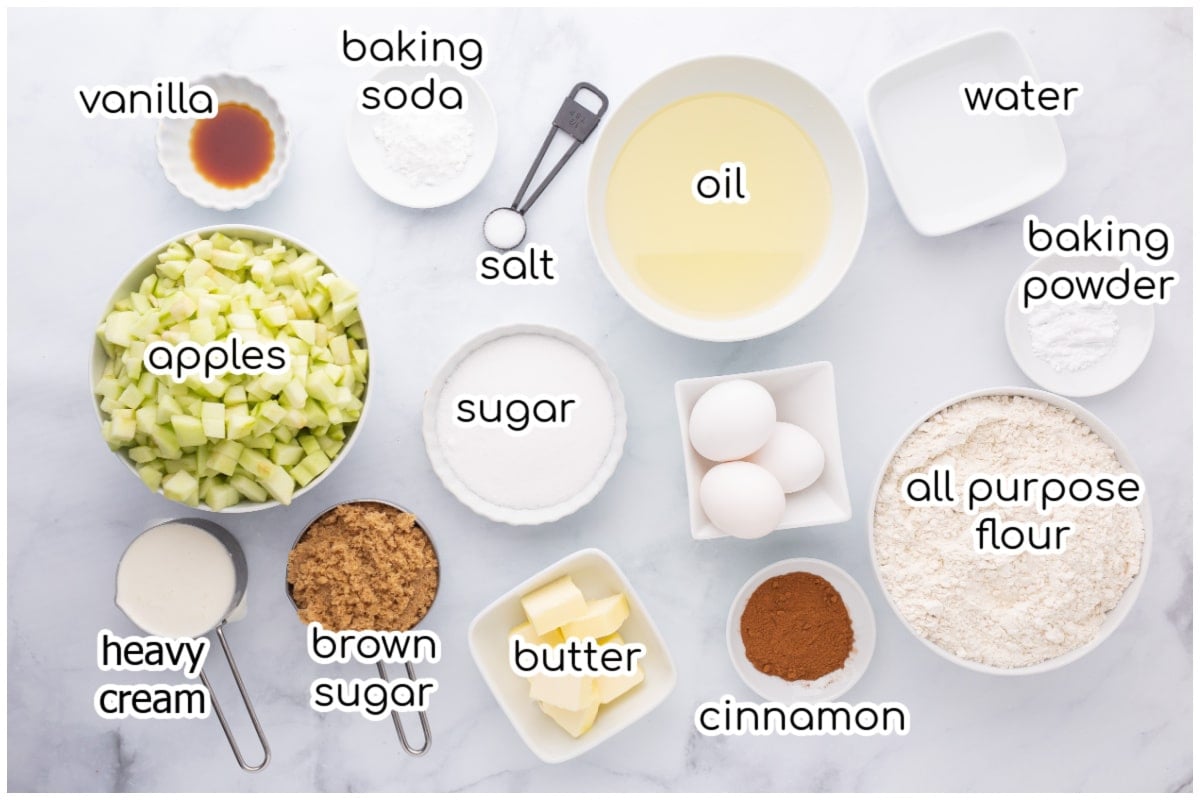 Ingredients for the apple cake on a kitchen counter.
