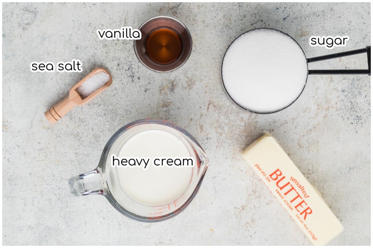 Ingredients for the caramel sauce on a countertop.