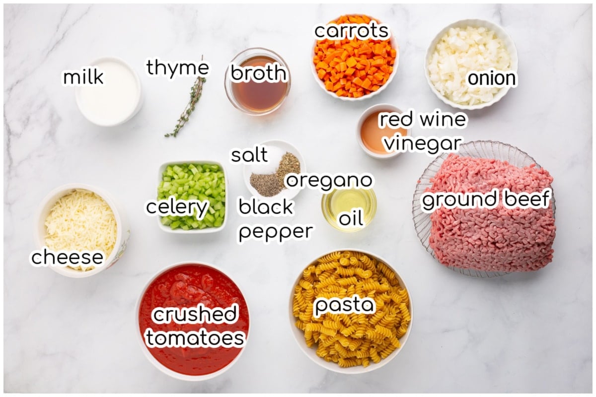 Ingredients for the baked bolognese pasta on a countertop.