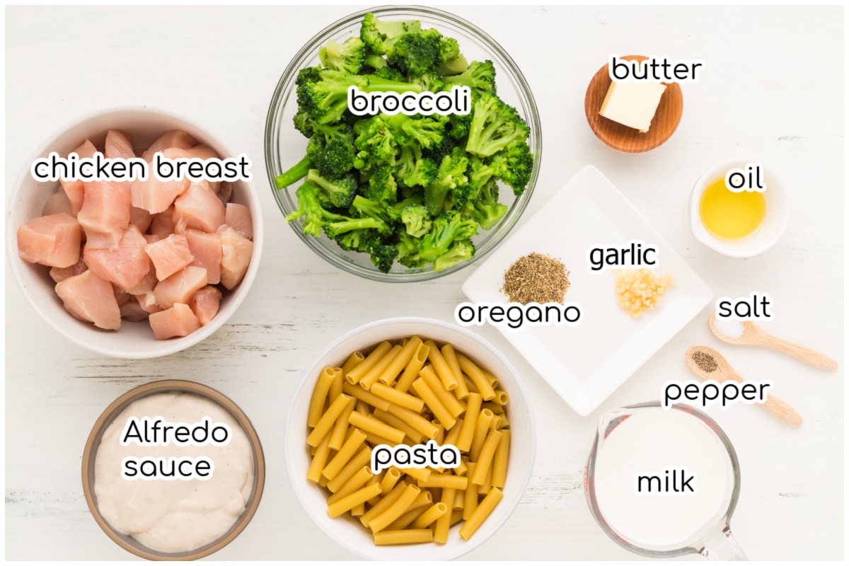 Ingredients for the chicken pasta casserole.