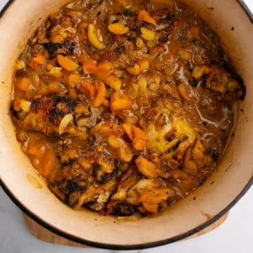 A zoom in image on a pot with chicken tagine and apricots.