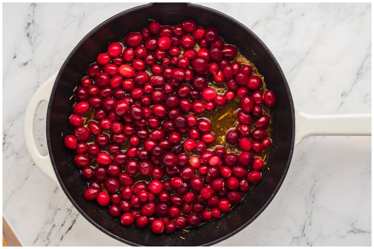 A skillet with cranberry sauce.
