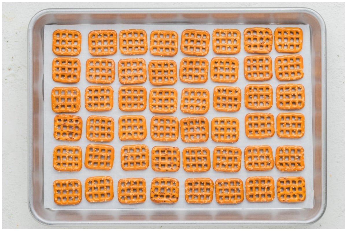 Pretzels on an aluminum sheet pan.