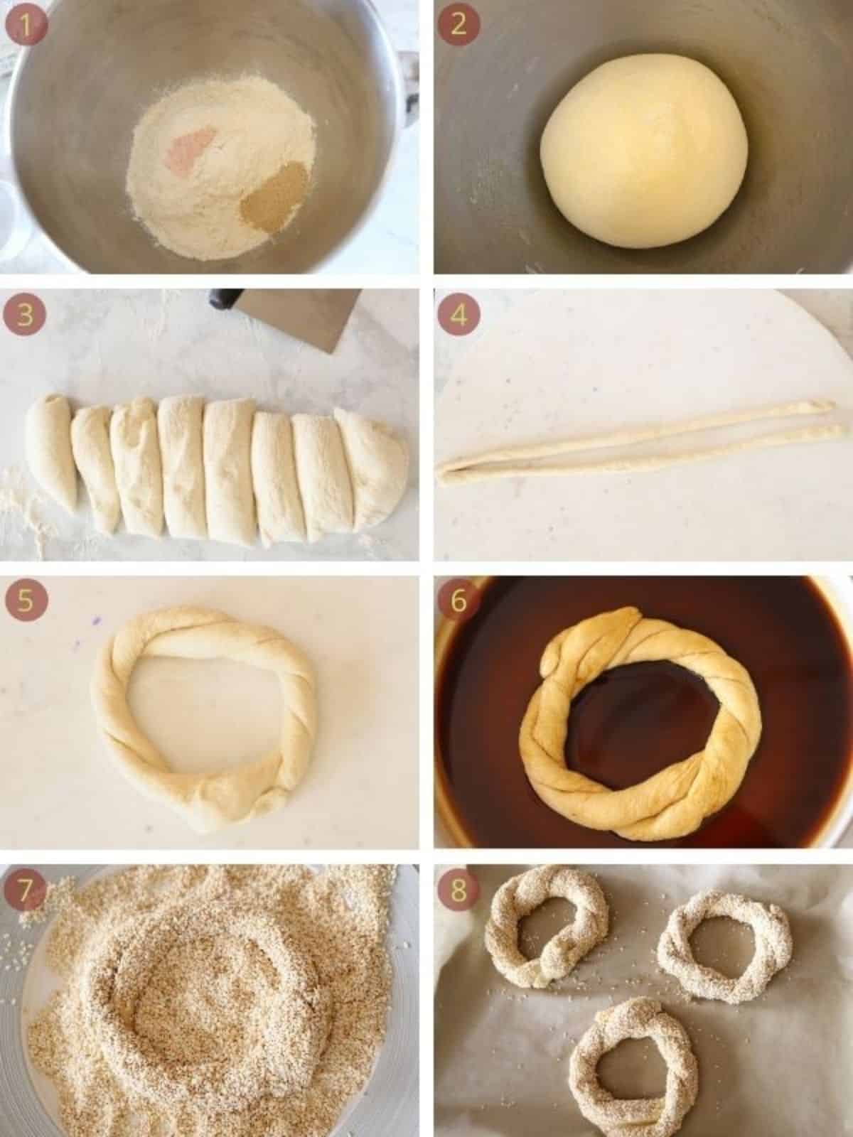 An 8 image collage for steps to make the simit bread.