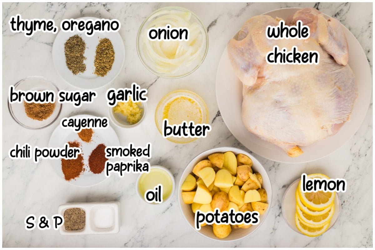 Cajun chicken ingredients on a white surface with text overlay.