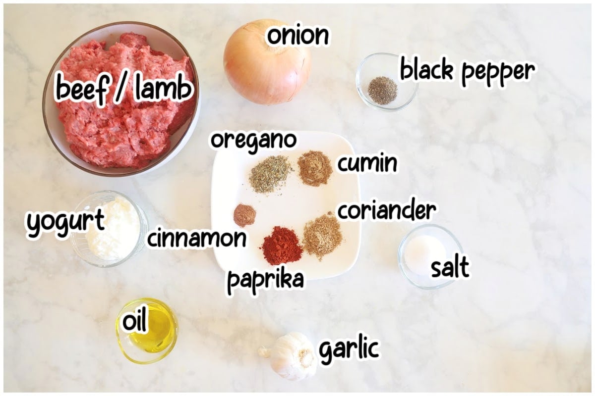 Ingredients for the viral doner kebab recipe with text overlay.
