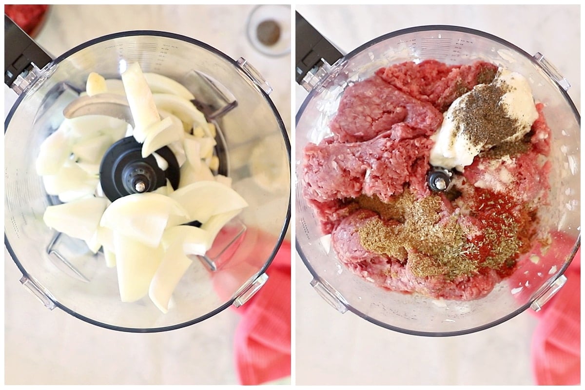 A collage of two images showing doner kebab ingredients in the bowl of a food processor.