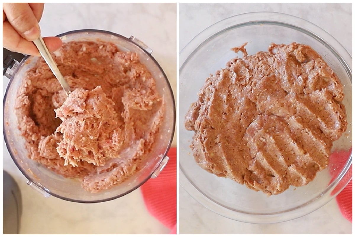 A collage of two images showing the texture of the doner kebab mixture.