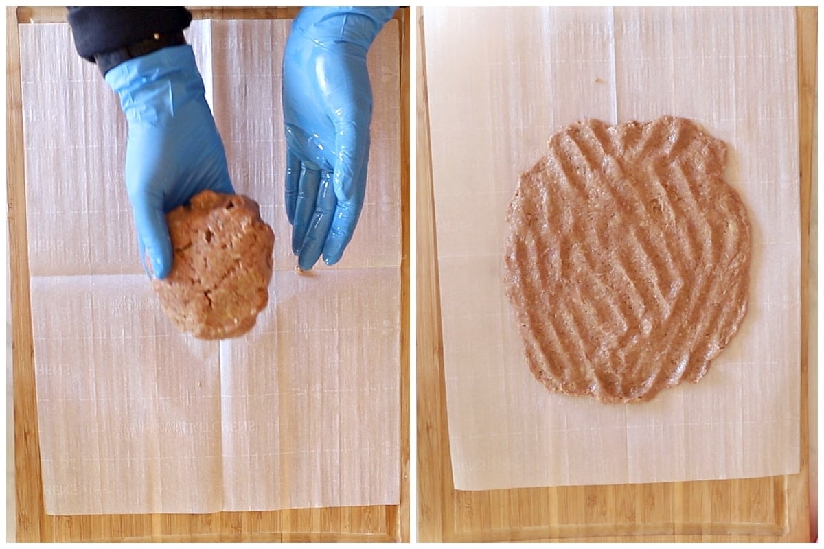 A collage of two images showing a hand spreading doner mixture on a parchment paper.