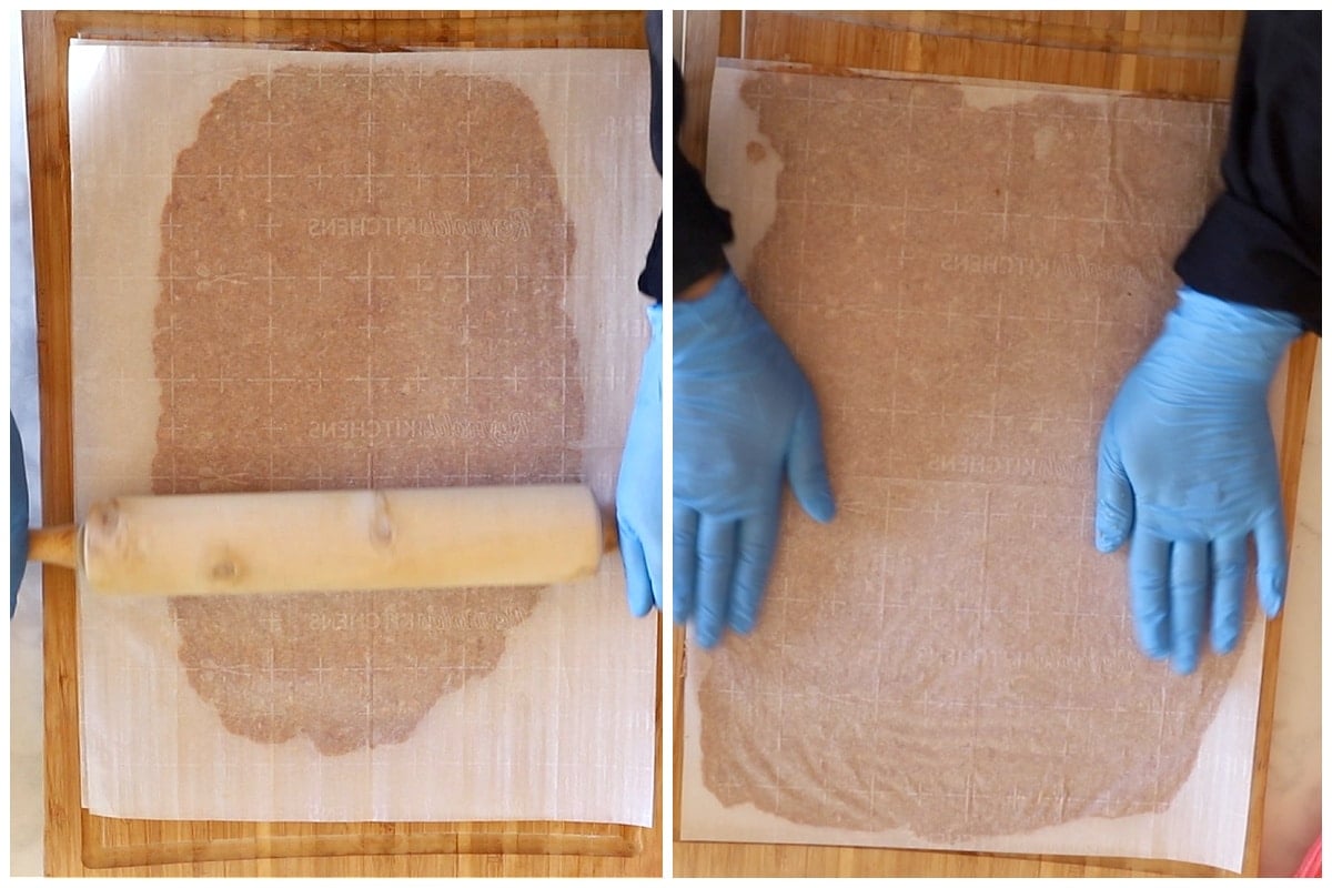 Doner kebabe mixture spread between two parchment papers.