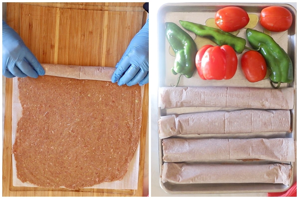A collage showing how to roll Doner kebab in parchment papers and placing on a baking sheet.