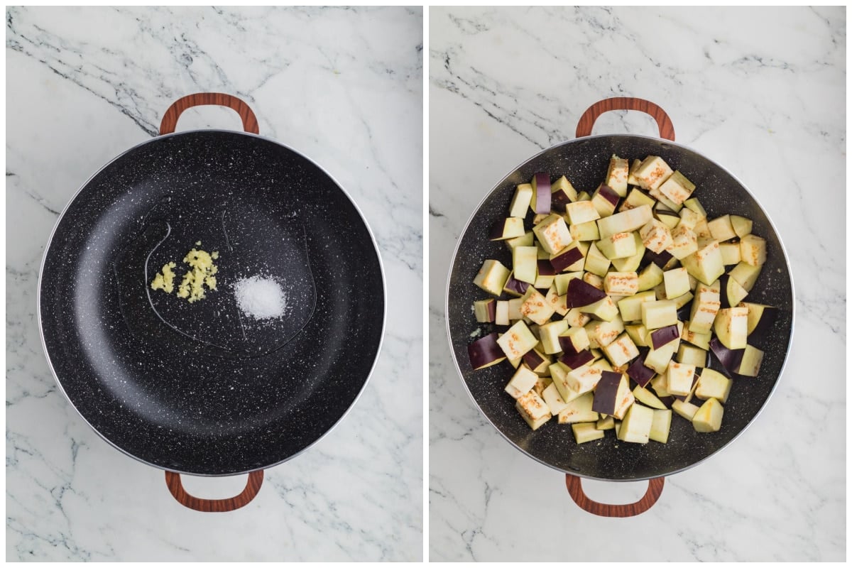 A collage of two images showing how to roast eggplants in a skillet for this recipe.