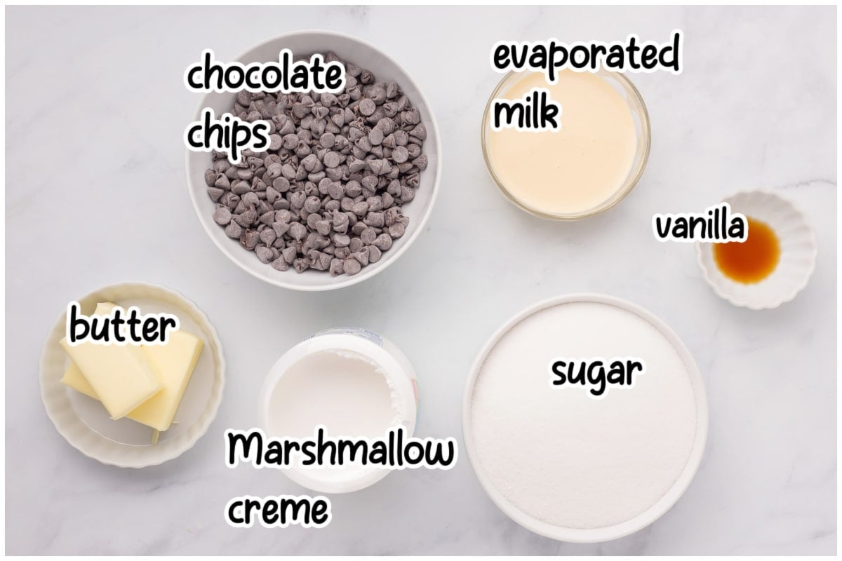 Fantasy fudge ingredients on a white surface.