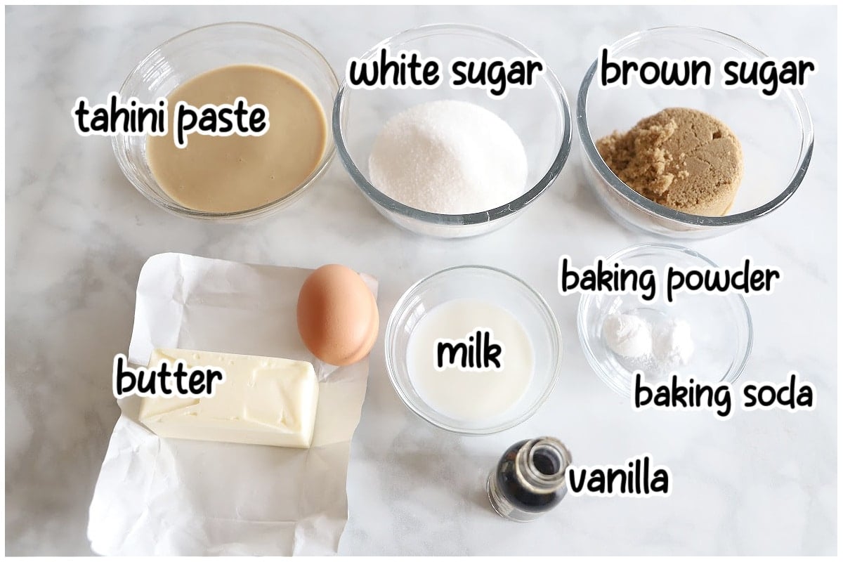 Ingredients for the tahini cookies with text overlay.