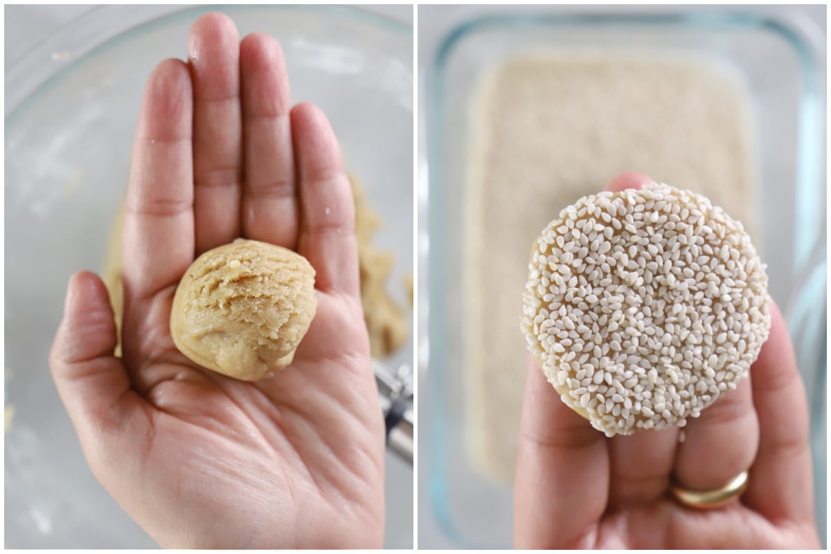 A two image step by step image showing how to shape the cookies.