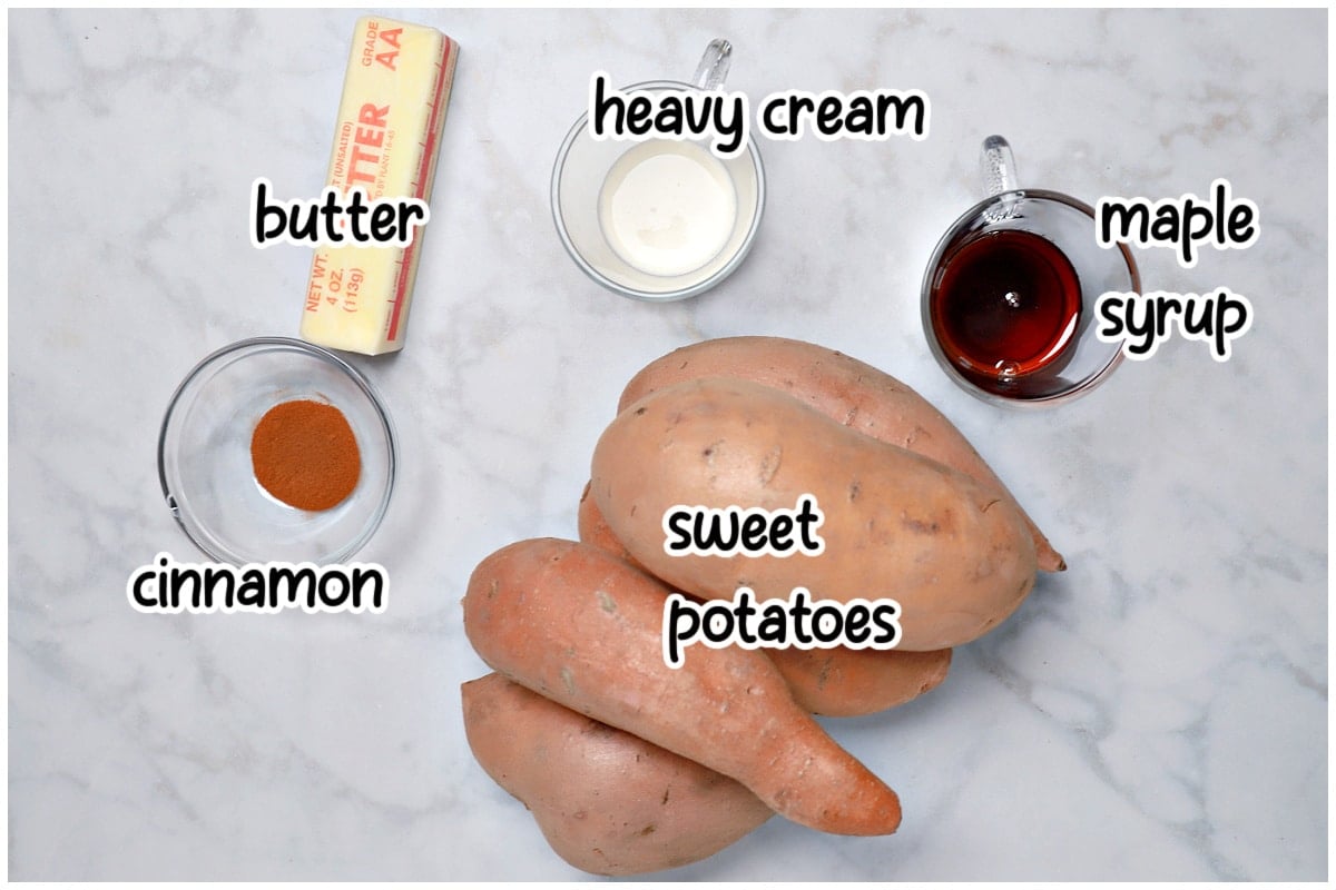 Ingredients to make sweet potato side dish with print overlay.