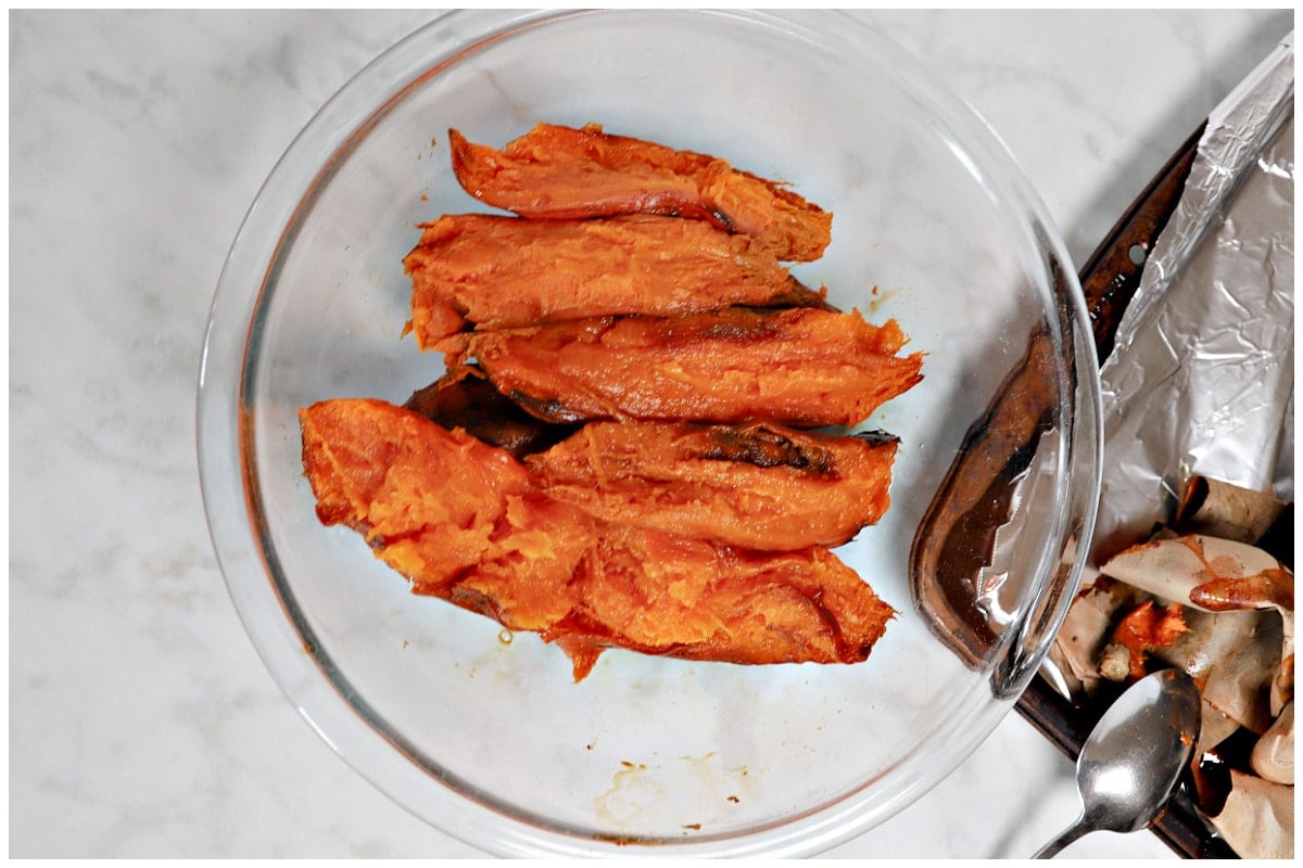 Sweet potatoes flesh on a glass bowl.