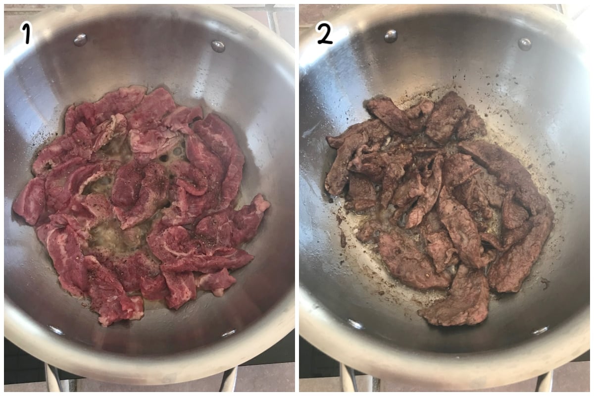 A collage of two images showing how to brown meat for stroganoff.