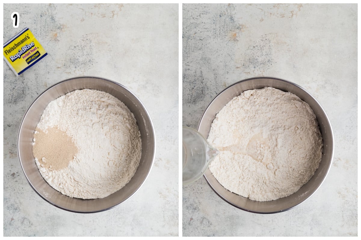 A collage of two images showing the bowl of the stand mixer with cinnamon rolls dry ingredients.