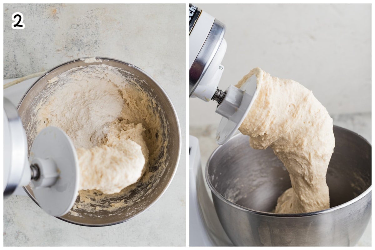 A collage of two images showing how the cinnamon rolls dough should look like.