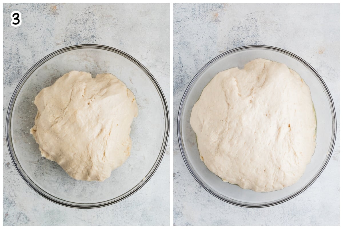 A glass bowl with the dough rising.
