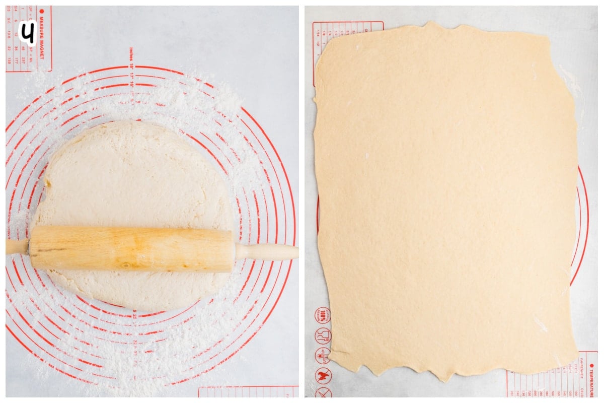 A collage of two images showing how to roll the dough into a rectangle.