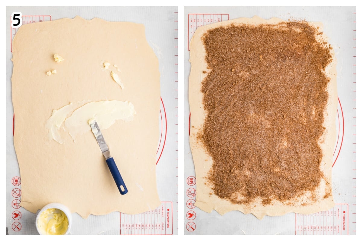 A collage of two images showing the dough sprinkled with butter cinnamon sugar.