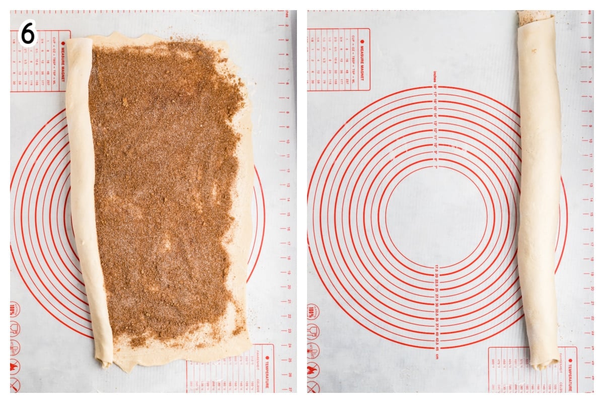 A collage of two images showing how to roll the cinnamon rolls dough.