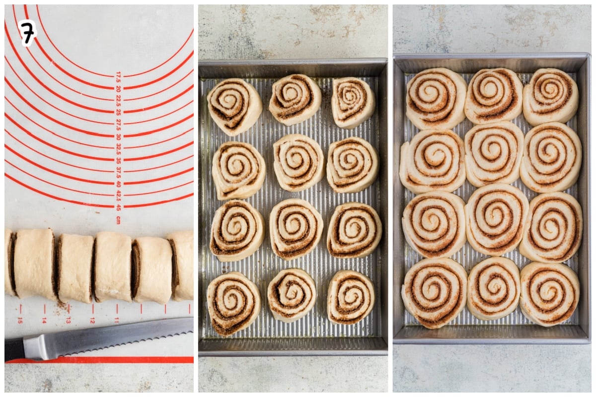 A collage of three images showing how to cut and proof cinnamon rolls.
