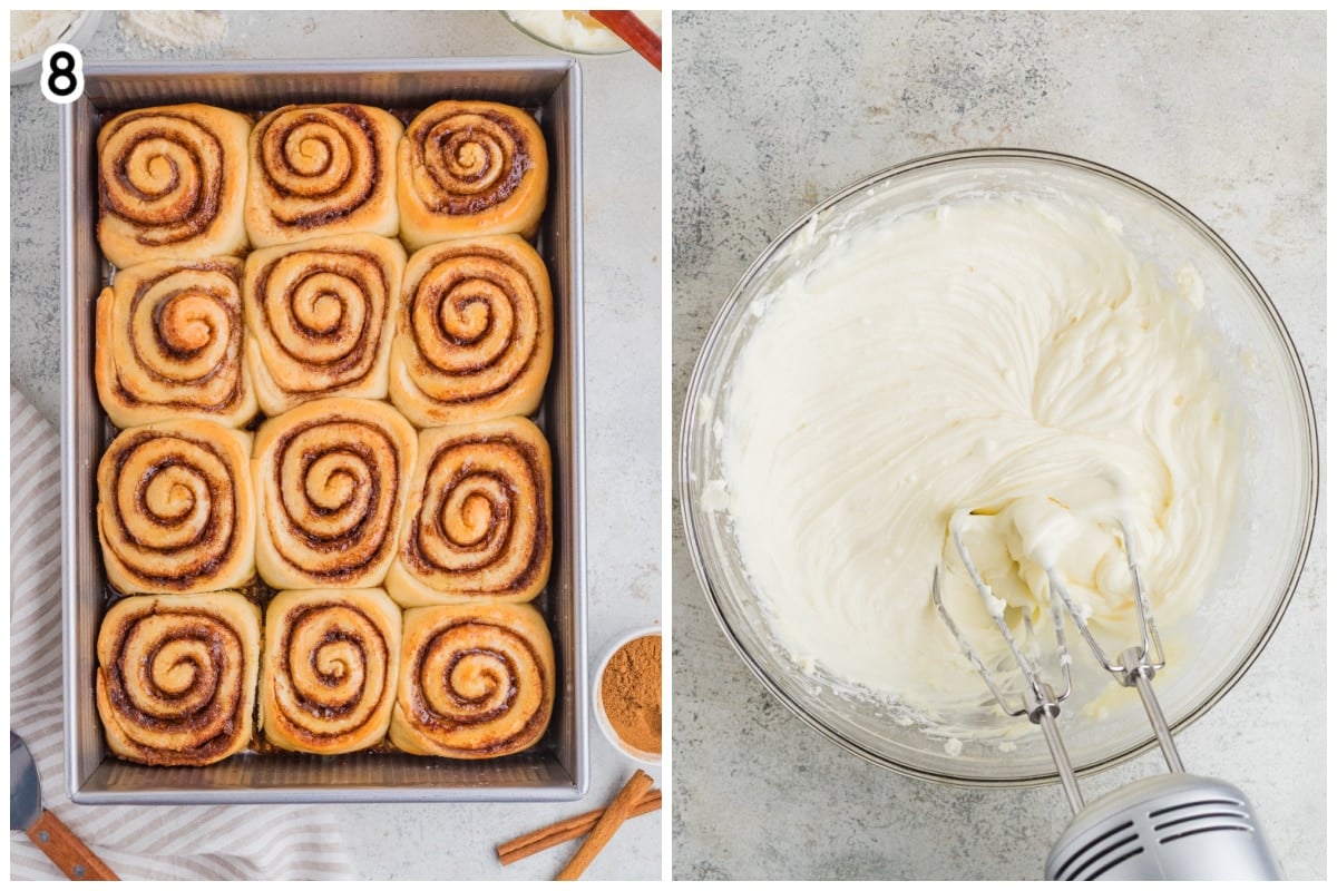A collage of two images showing the baked cinnamon rolls and cream cheese frosting in a glass bowl.