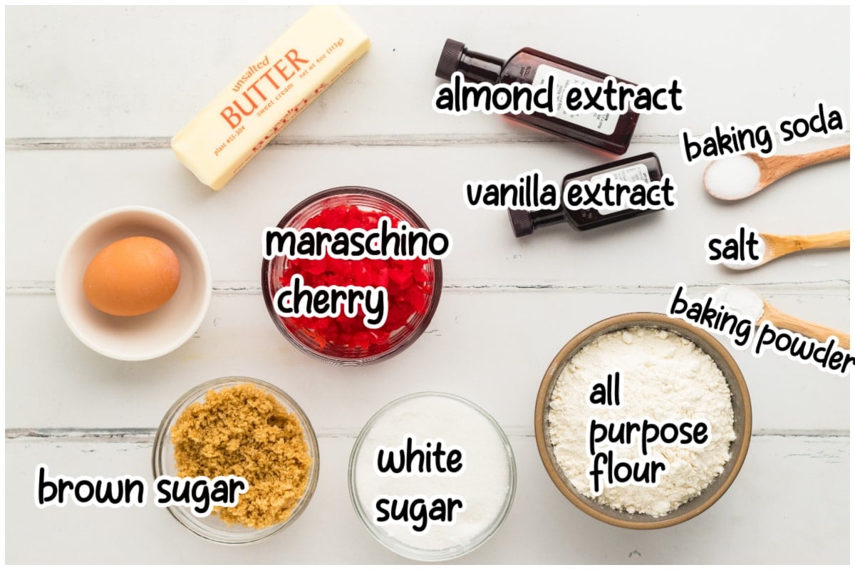 Cherry cookies ingredients on a white surface.