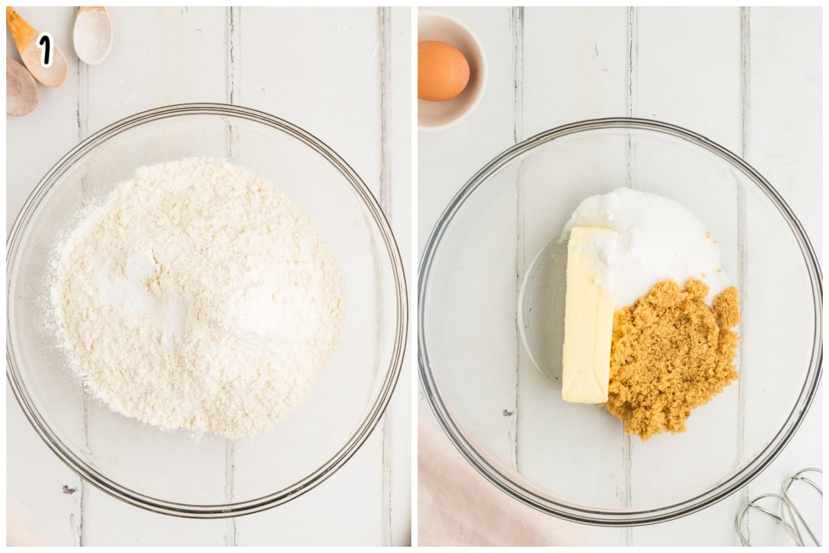 A collage of two images showing hoe to mix dry ingredients in a glass bowl and mix sugars and butter.