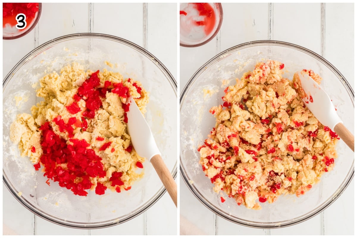 A collage of two images showing how to fold cherries in.
