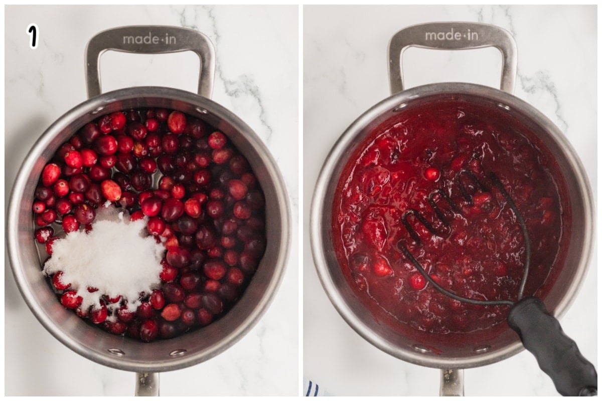 A collage of two images showing how to make the cranberry layer.