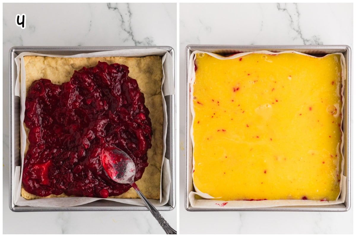 Two images showing how to assemble and bake the bars.