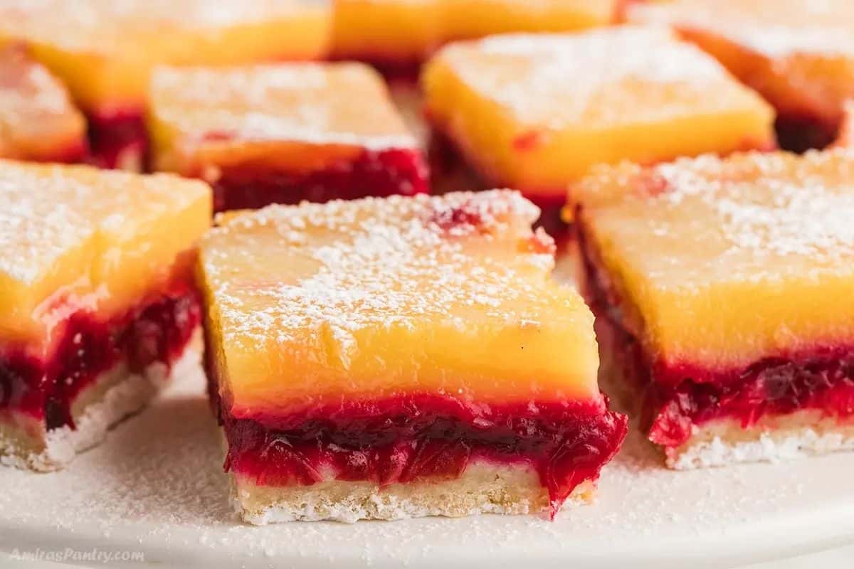 A close up image for cranberry bars ib a white plate and dusted with powdered sugar.
