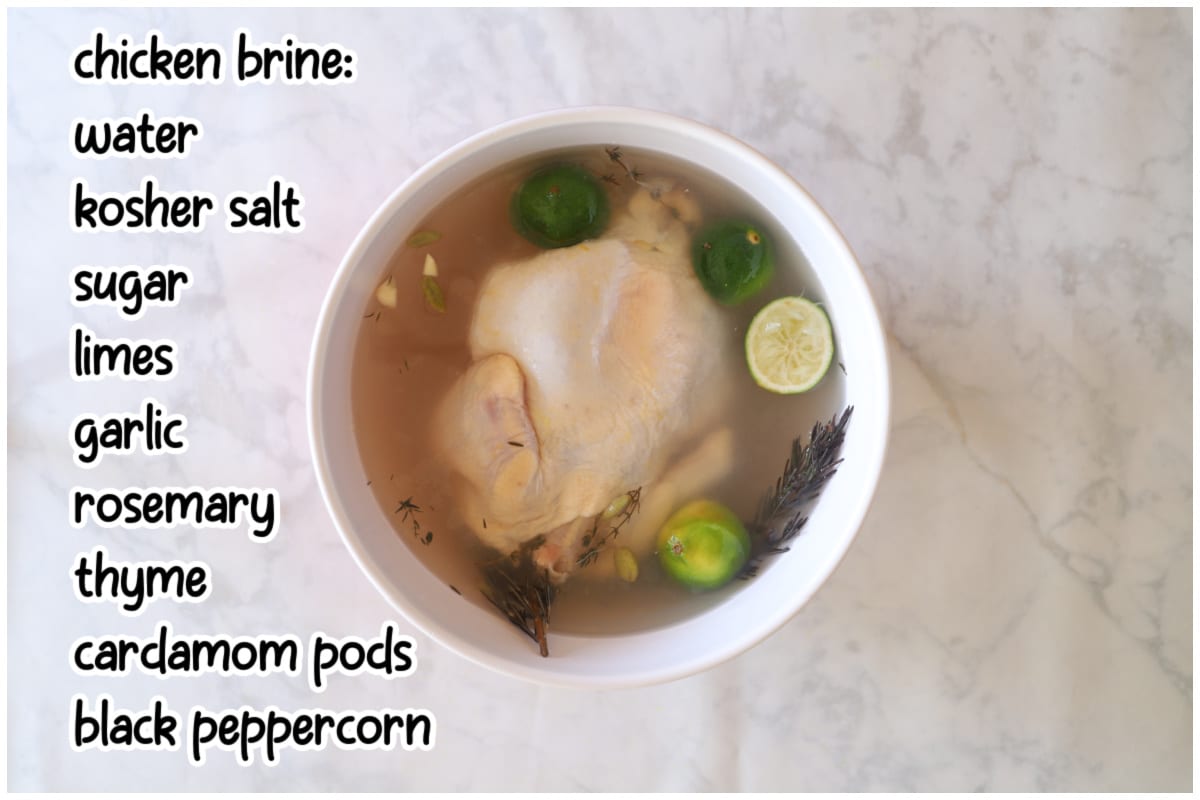 A bowl with chicken in water brine with text overlay.