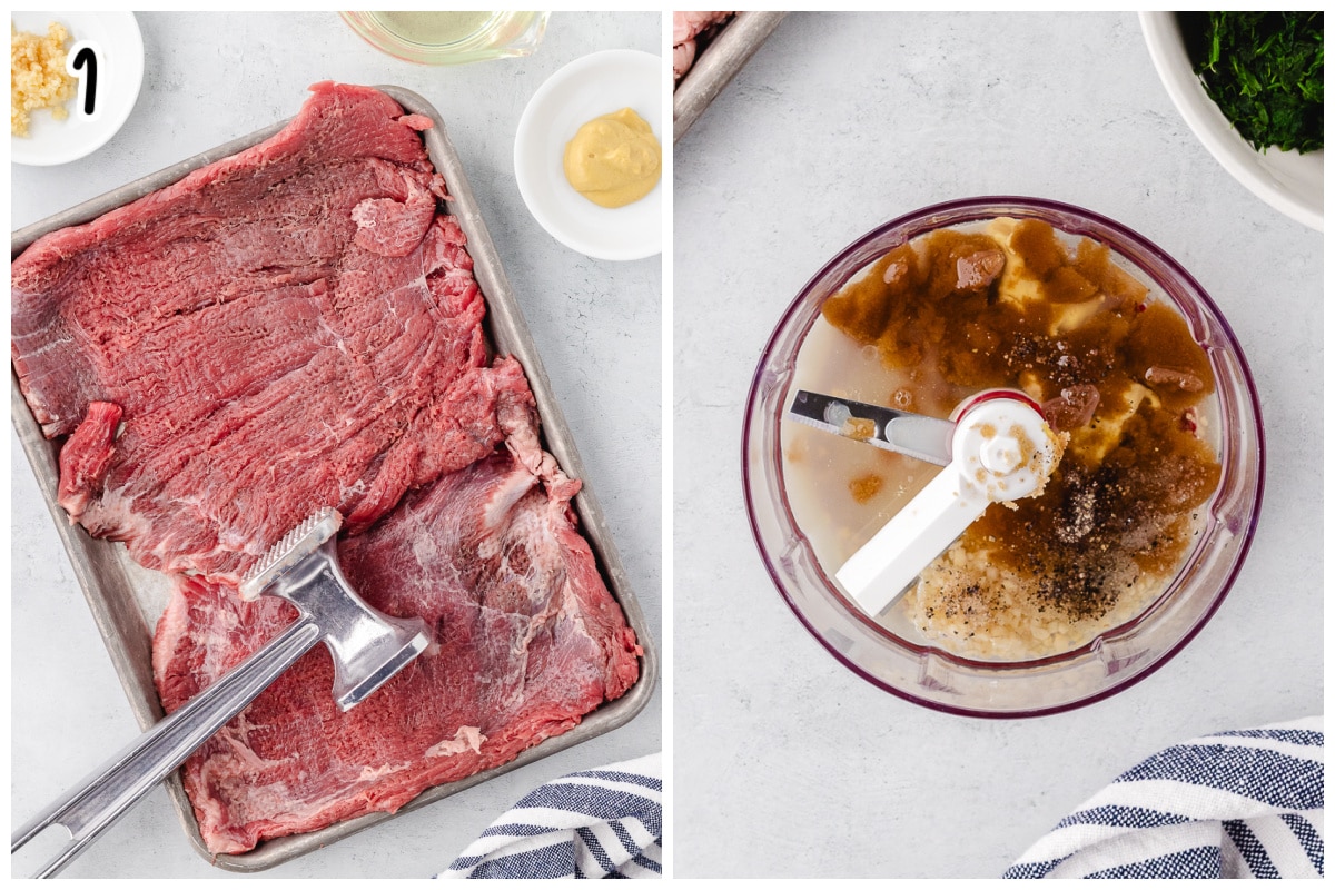 A collage of two images showing how to butterfly steak and making the marinade.