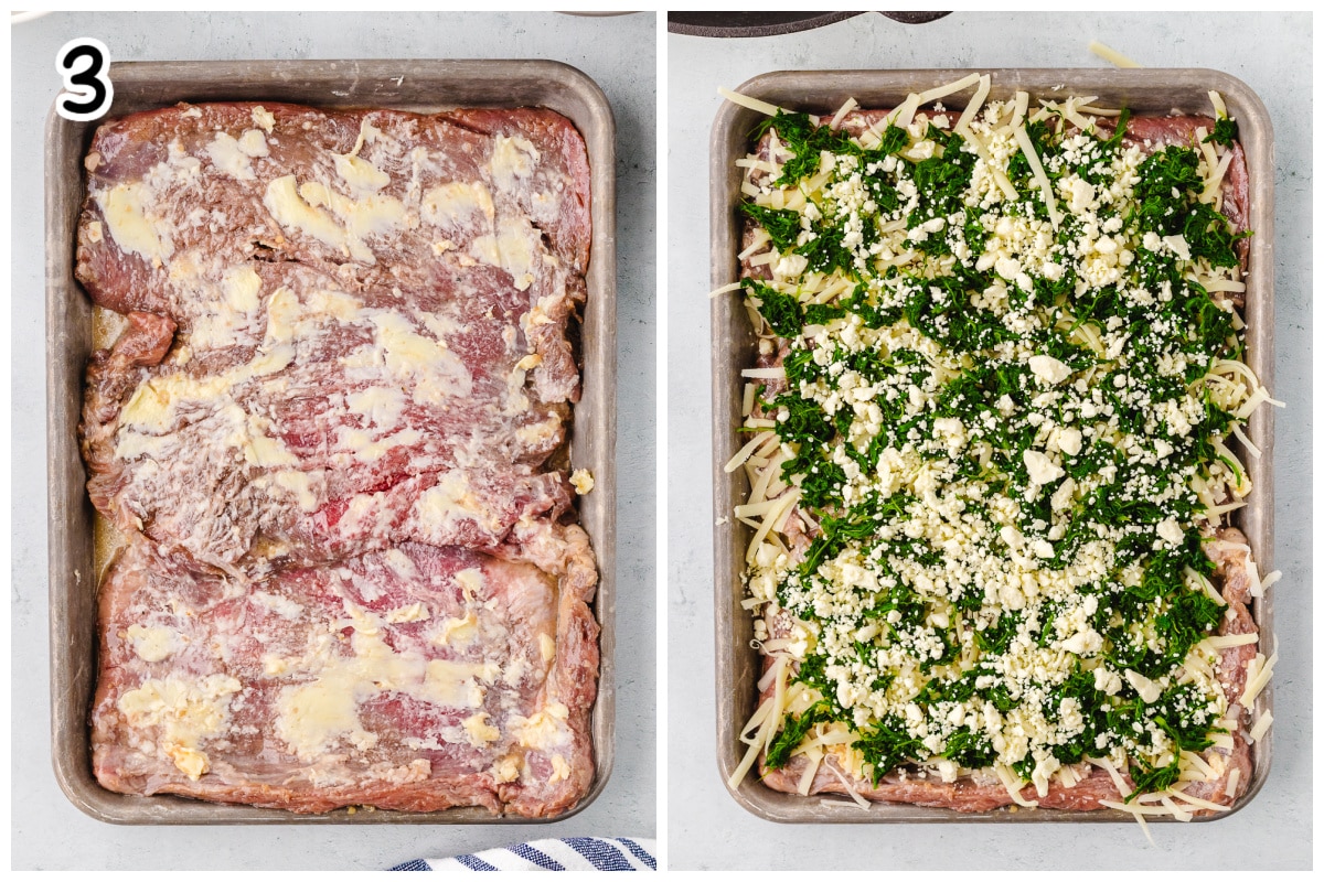 A collage of two images with stuffing flank steak.