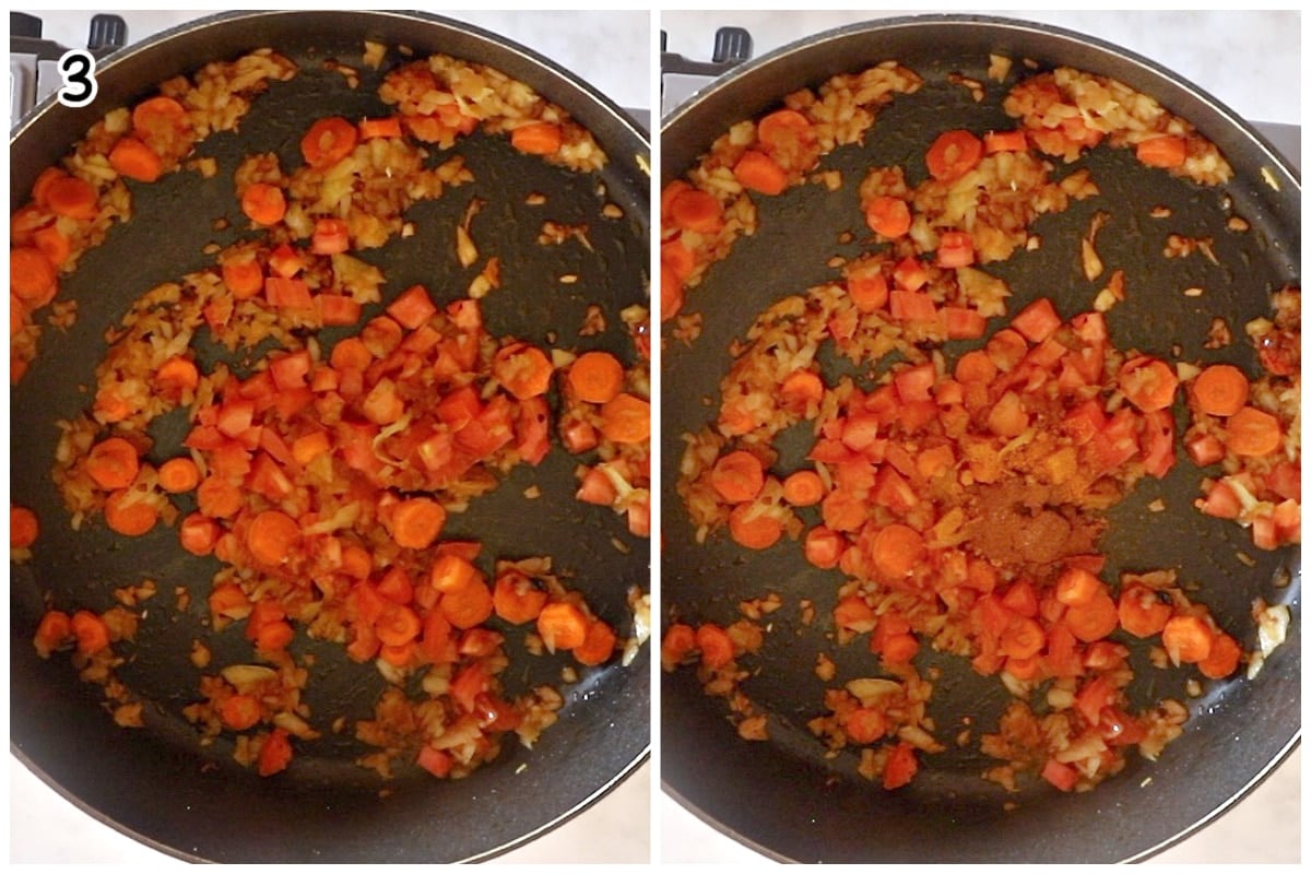 A skillet with sauteed vegetables.