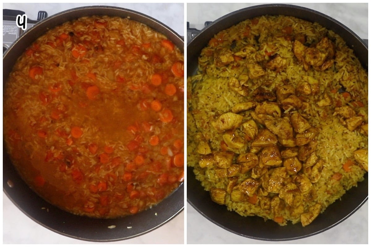A collage of images showing how to finish the Moroccan chicken dish.