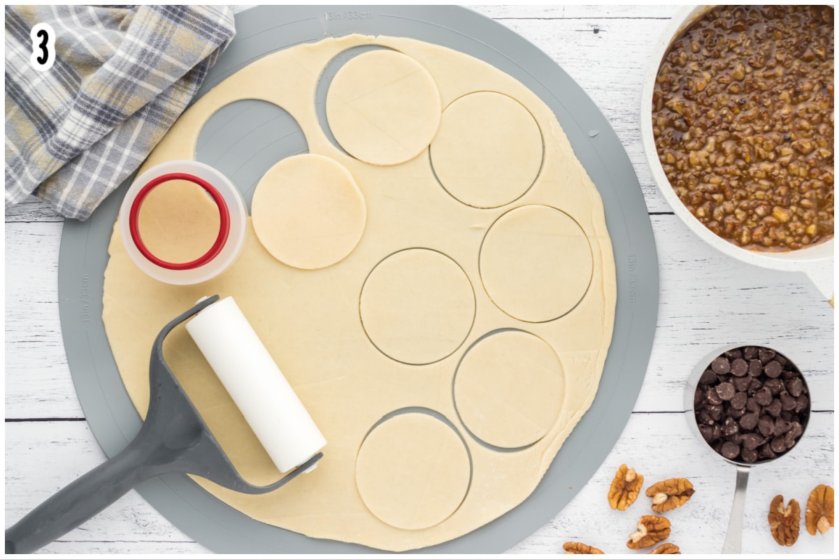 Pecan pie crust rolled out and cut into circles.