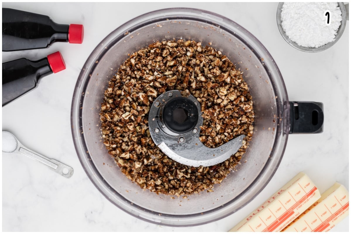 Chopping pecan in a food processor.