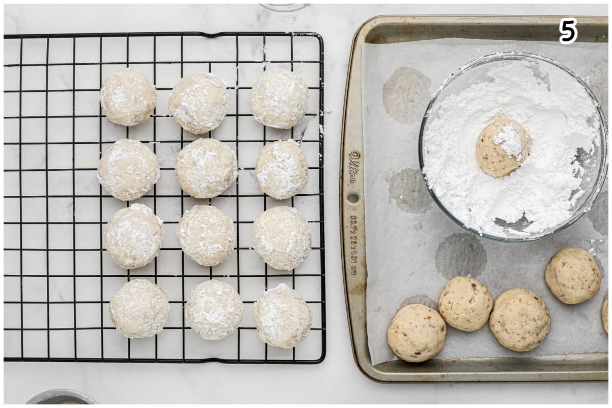 Dipping cookies in a bowl of powdered sugar.