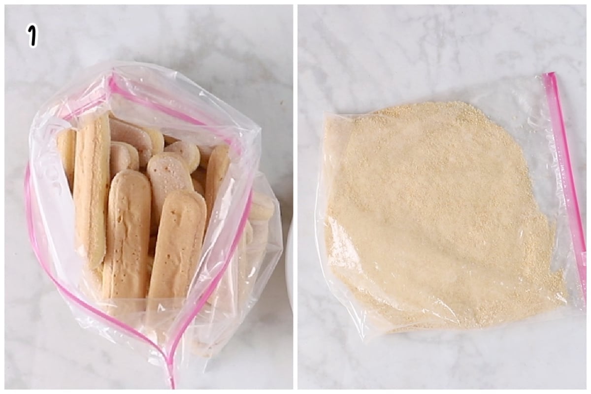 A collage of two images showing how to crush ladyfringers cookies in a bag.