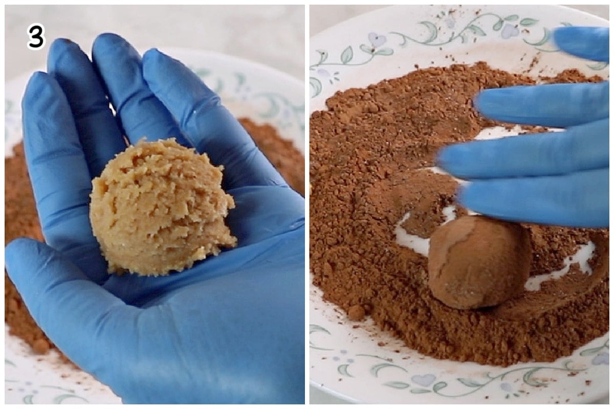 A collage of steps showing how to shape and roll tiramisu balls.