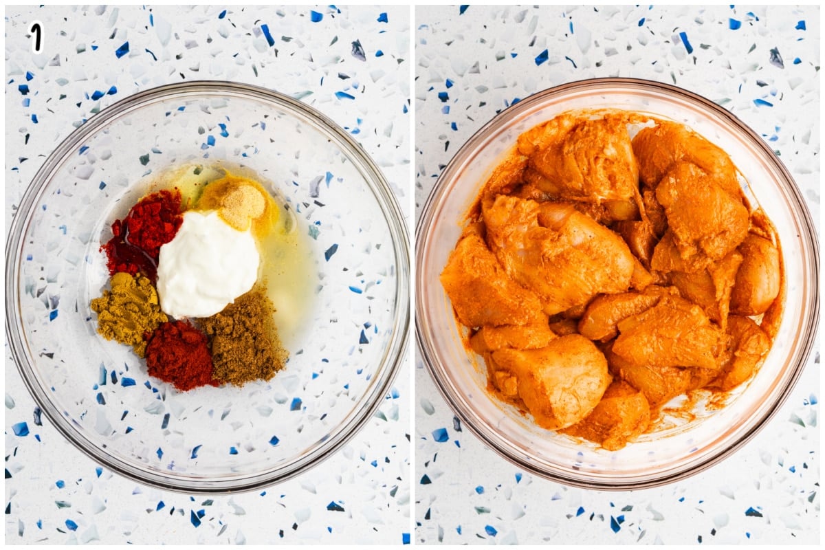 A collage of two images. One showing the marinade ingredients in a bowl and the second shows chicken spices tossed with the marinade.